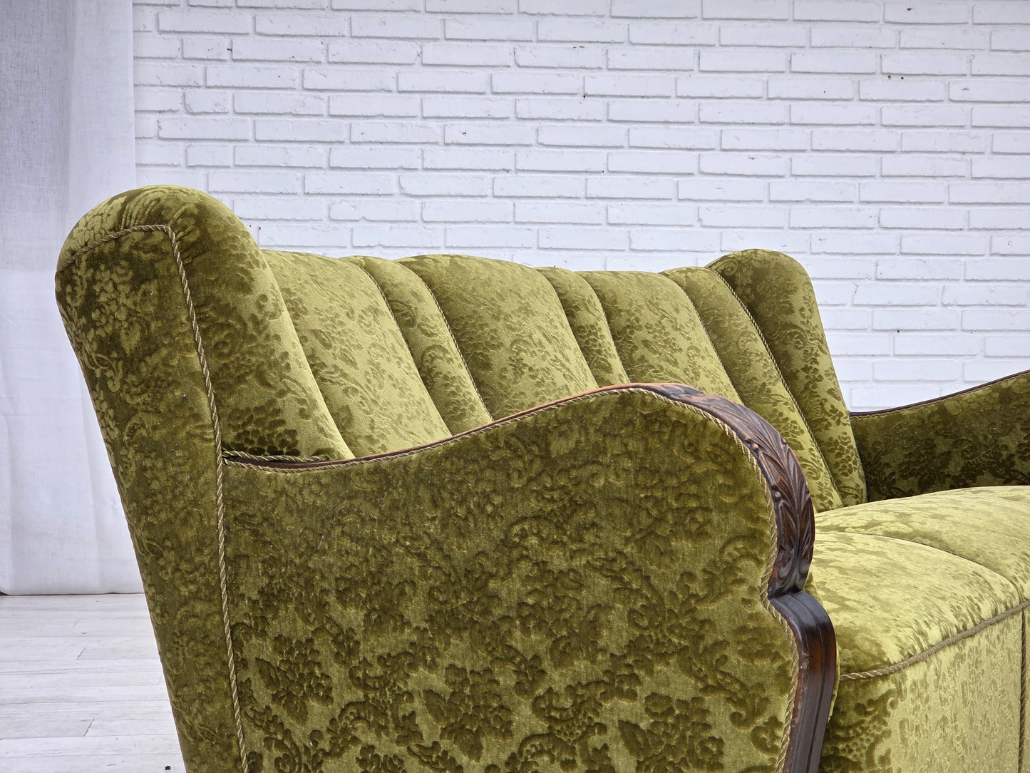 1960s, Danish 3-seater sofa, furniture velour, carved oak wood.