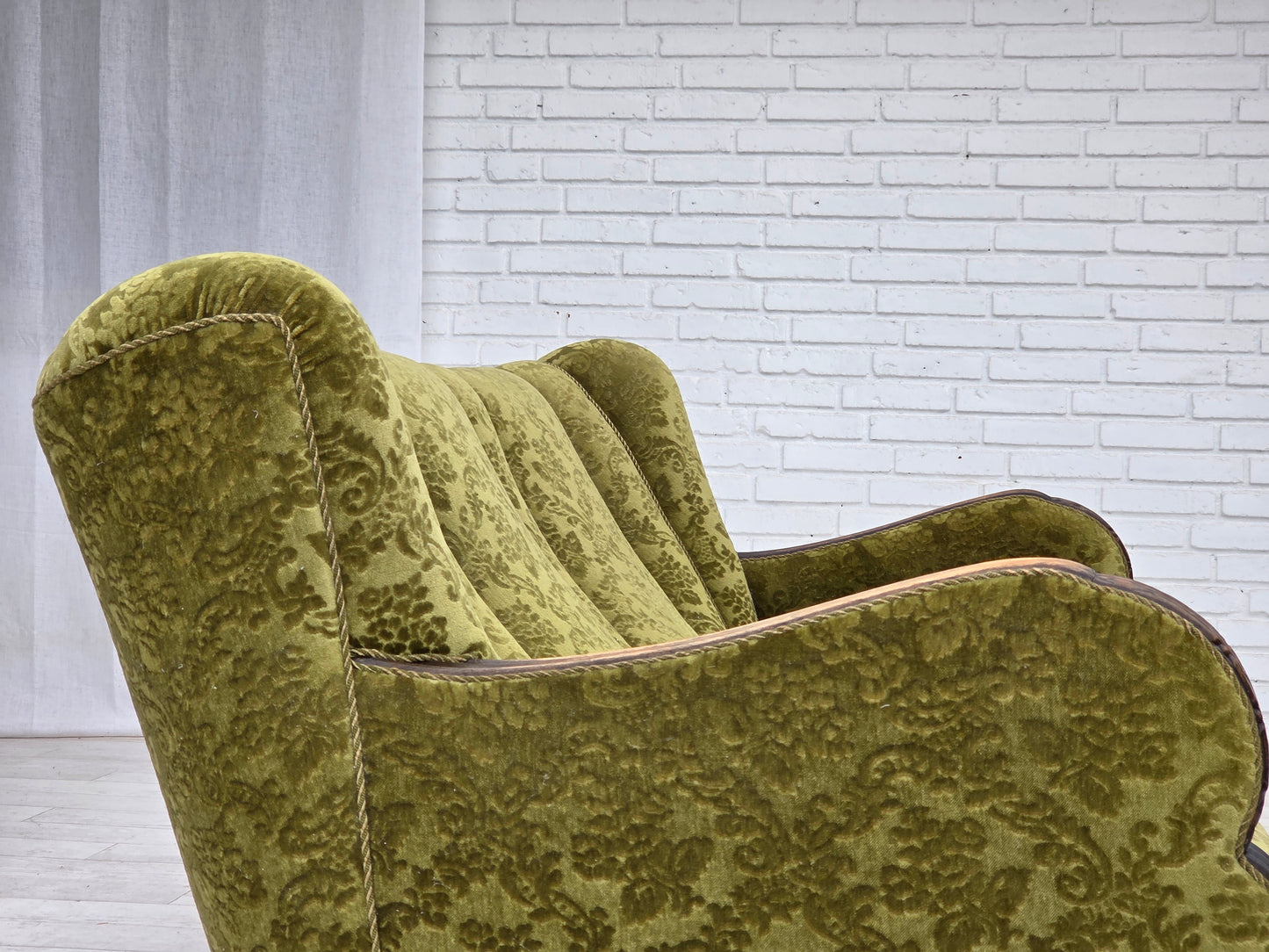 1960s, Danish 3-seater sofa, furniture velour, carved oak wood.