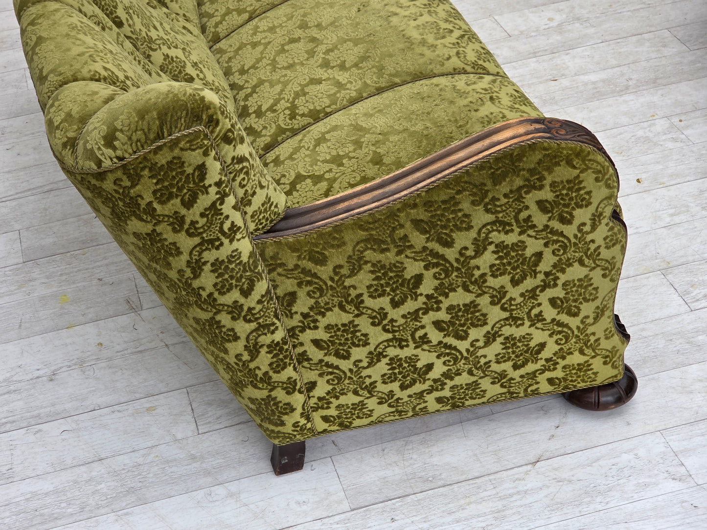 1960s, Danish 3-seater sofa, furniture velour, carved oak wood.