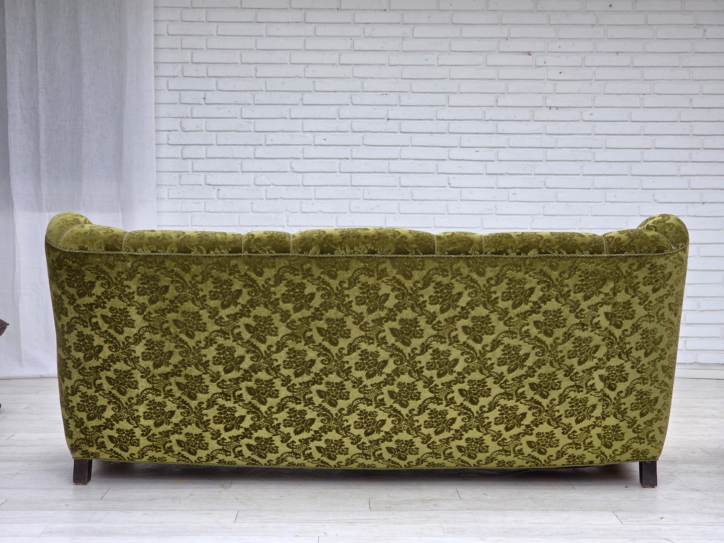 1960s, Danish 3-seater sofa, furniture velour, carved oak wood.