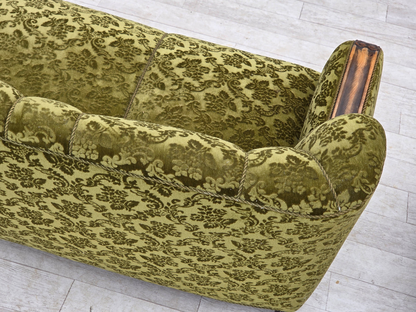 1960s, Danish 3-seater sofa, furniture velour, carved oak wood.