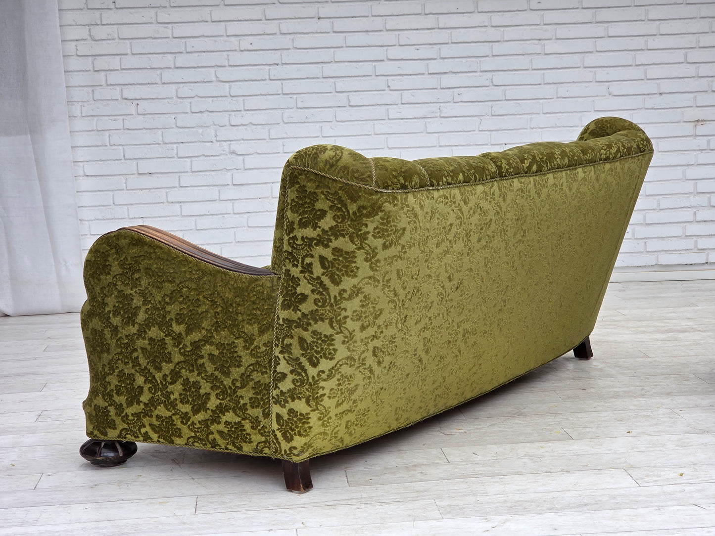 1960s, Danish 3-seater sofa, furniture velour, carved oak wood.
