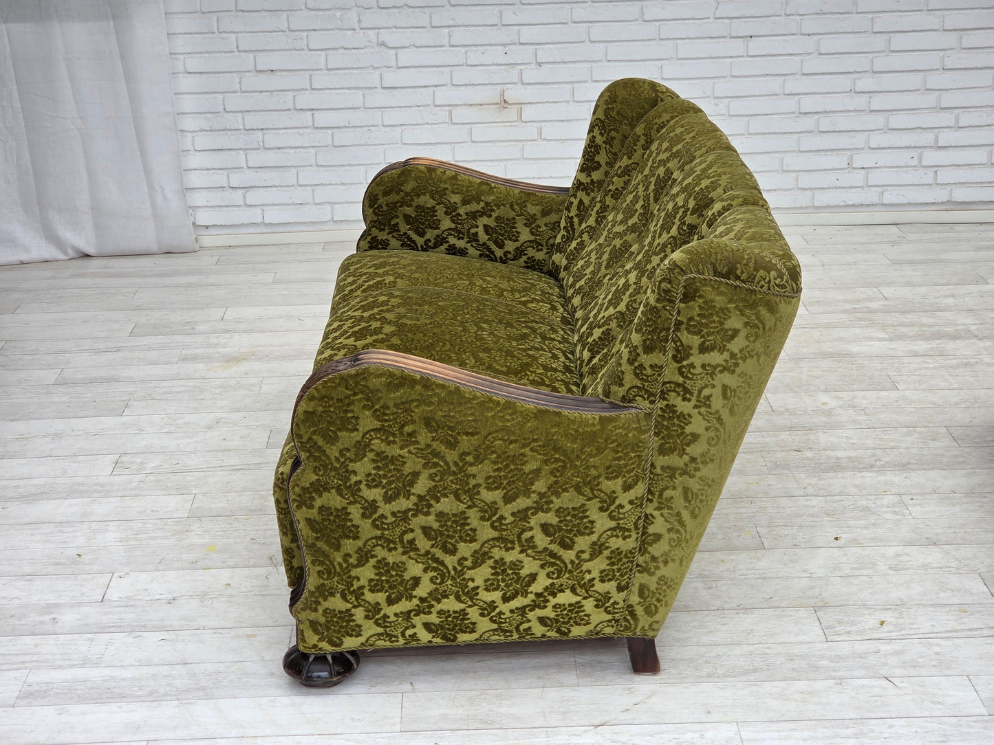 1960s, Danish 3-seater sofa, furniture velour, carved oak wood.