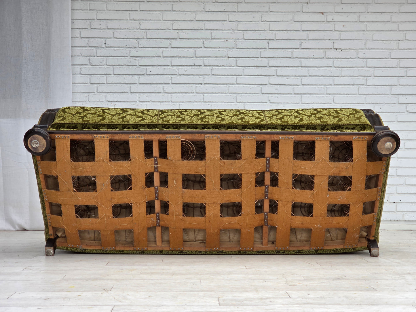 1960s, Danish 3-seater sofa, furniture velour, carved oak wood.