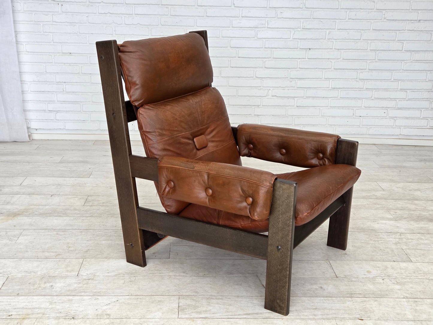 1970s, Scandinavian armchair, furniture leather, canvas, oak wood.