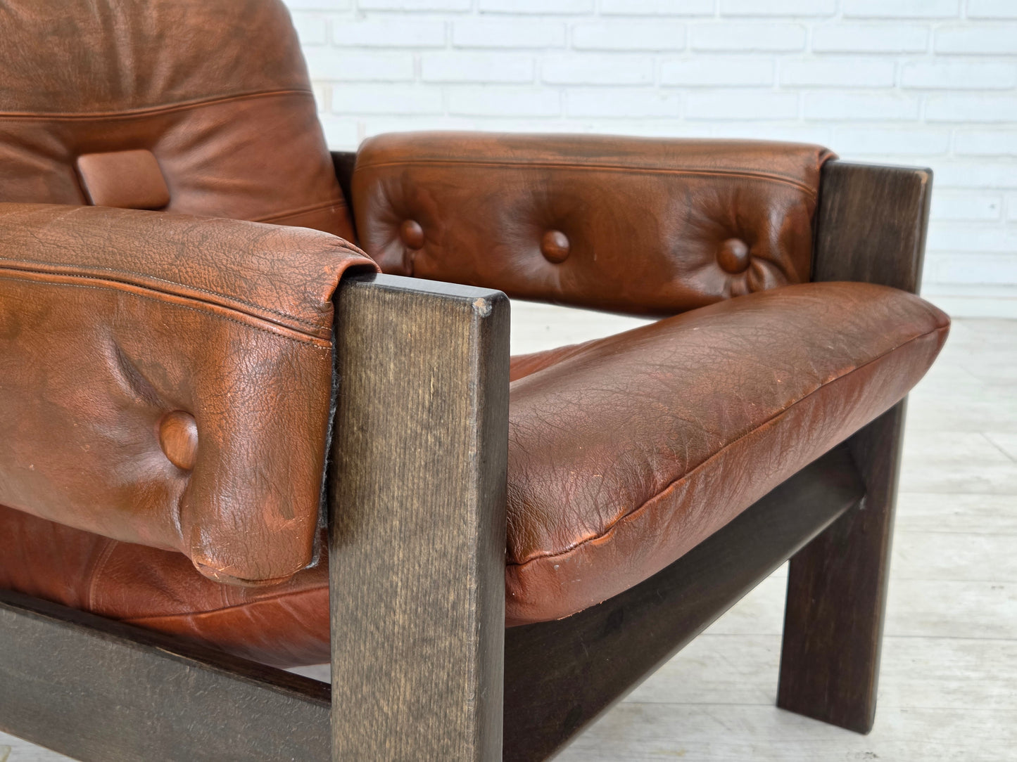 1970s, Scandinavian armchair, furniture leather, canvas, oak wood.