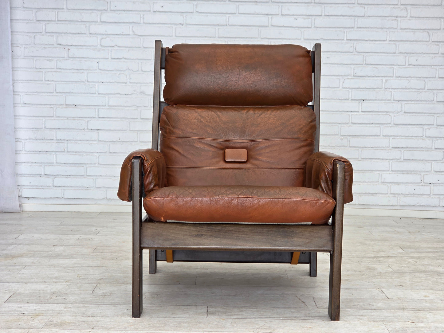 1970s, Scandinavian armchair, furniture leather, canvas, oak wood.