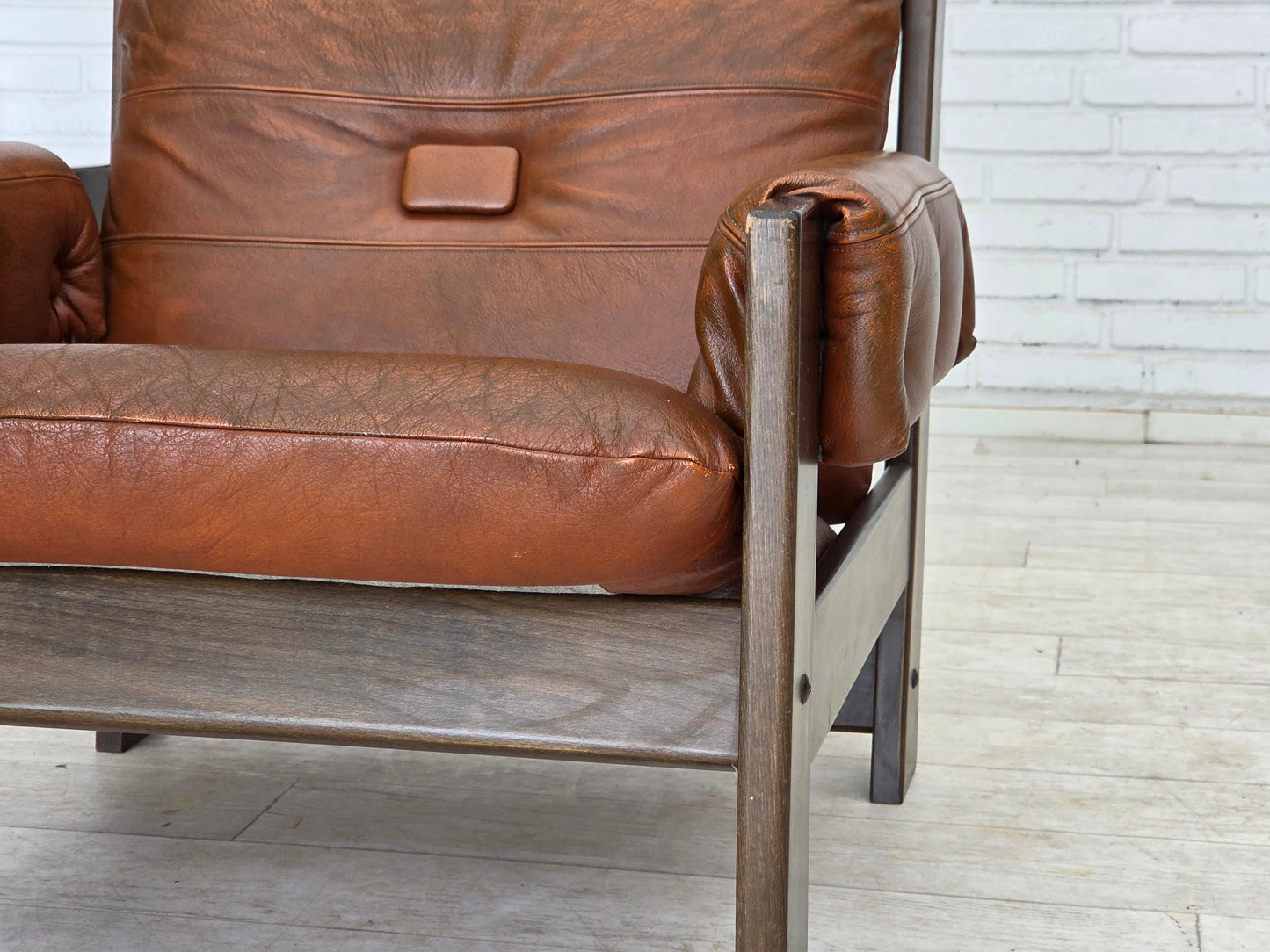 1970s, Scandinavian armchair, furniture leather, canvas, oak wood.