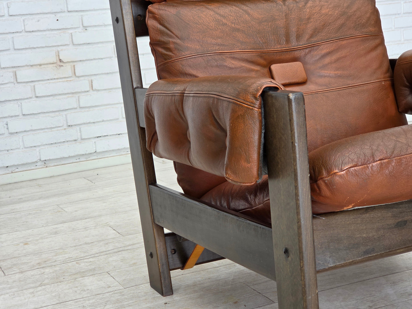 1970s, Scandinavian armchair, furniture leather, canvas, oak wood.
