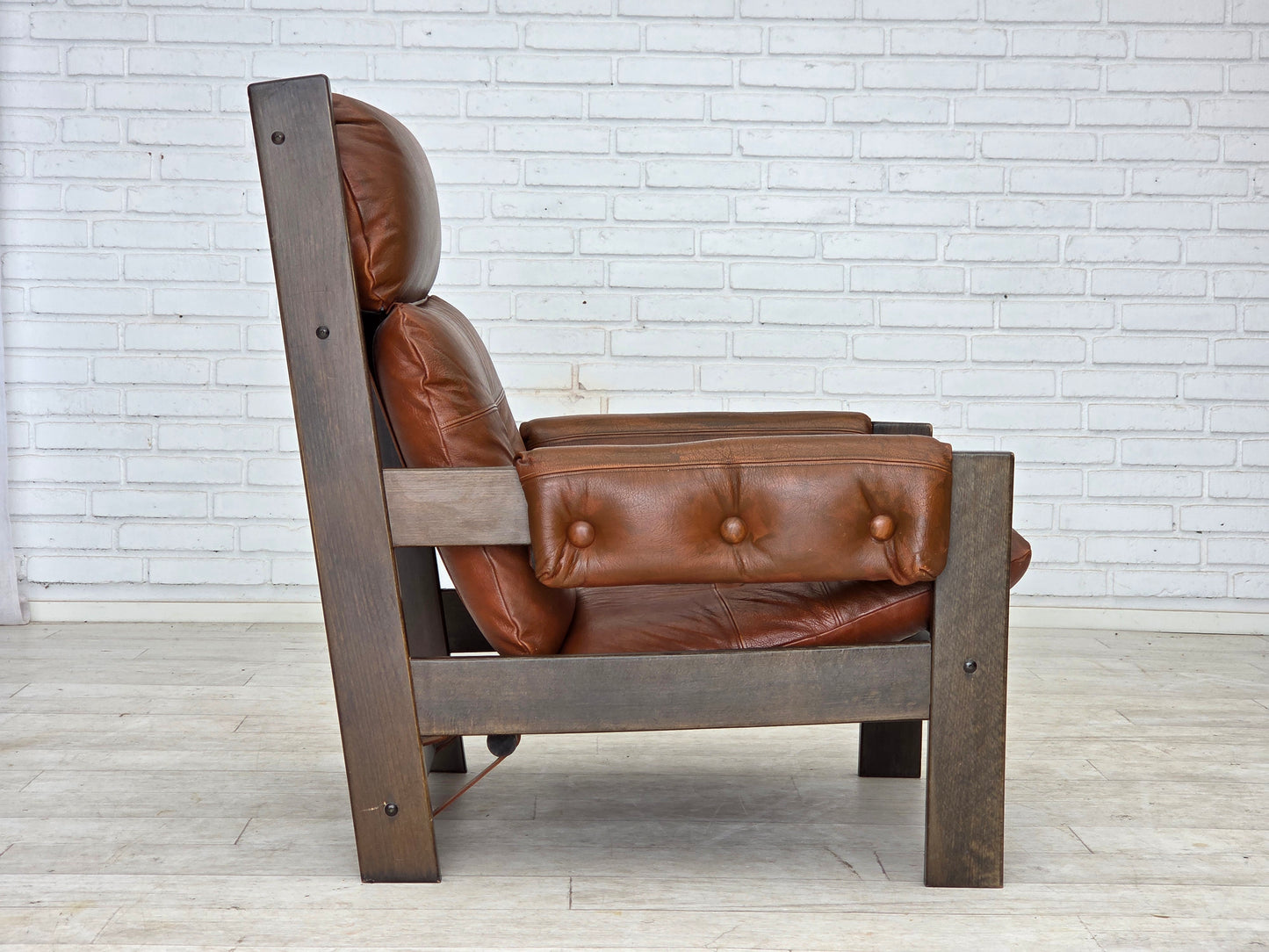1970s, Scandinavian armchair, furniture leather, canvas, oak wood.