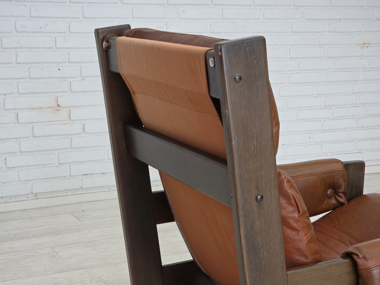 1970s, Scandinavian armchair, furniture leather, canvas, oak wood.