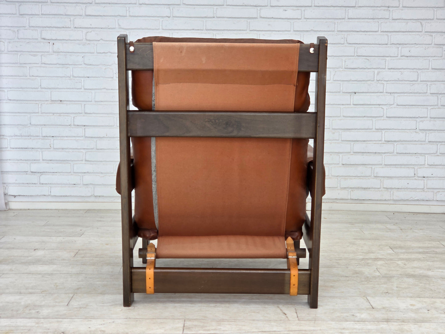 1970s, Scandinavian armchair, furniture leather, canvas, oak wood.
