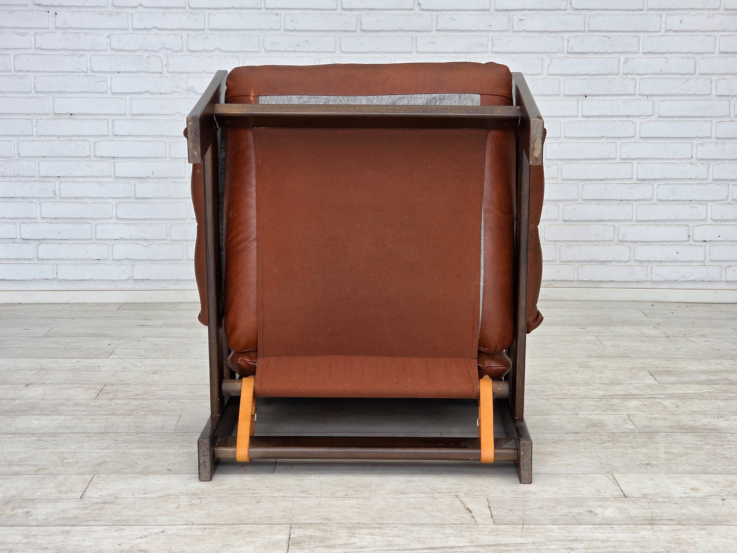 1970s, Scandinavian armchair, furniture leather, canvas, oak wood.