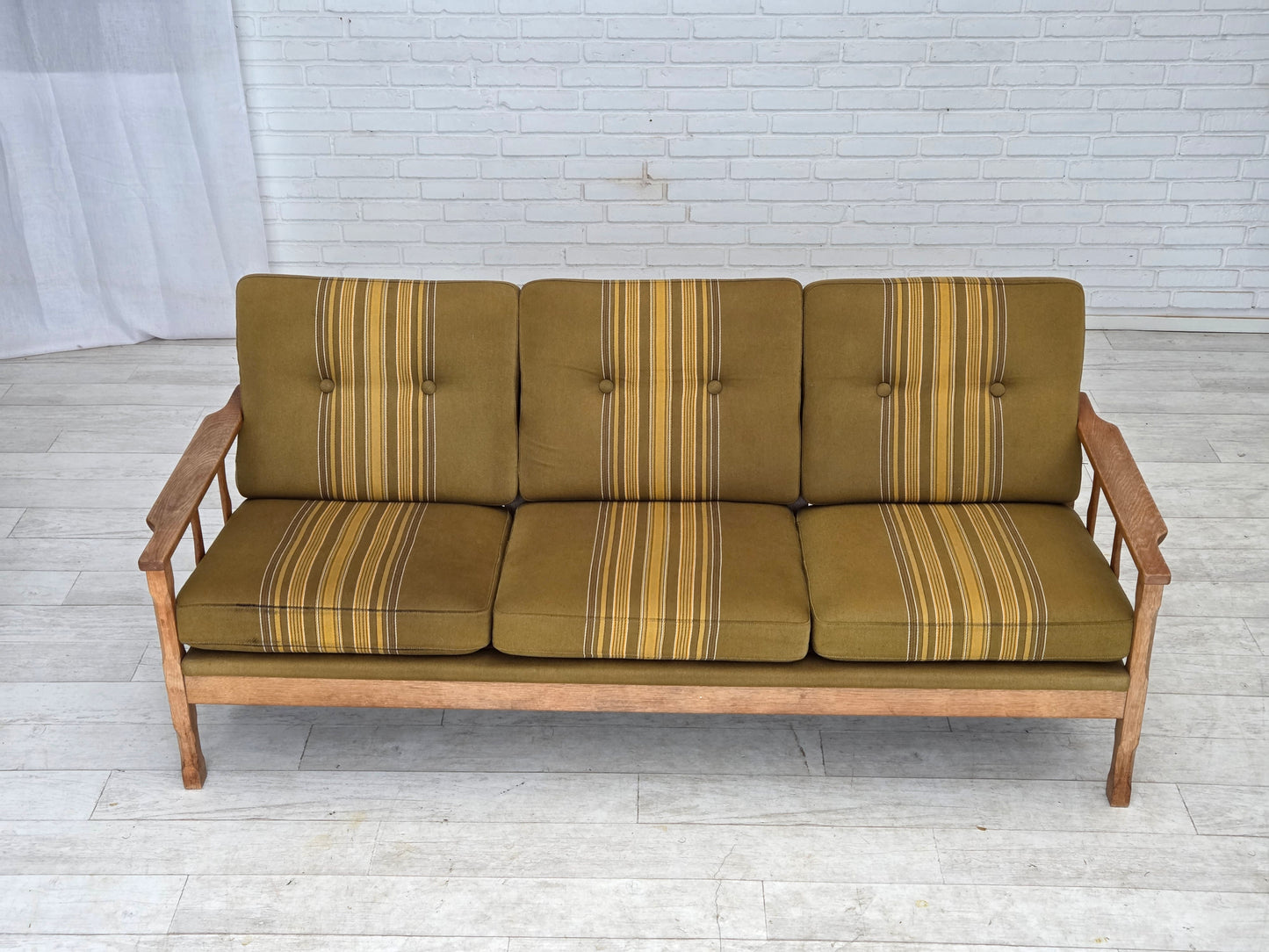 1970s, Danish 3-seater sofa, furniture wool, solid oak wood.