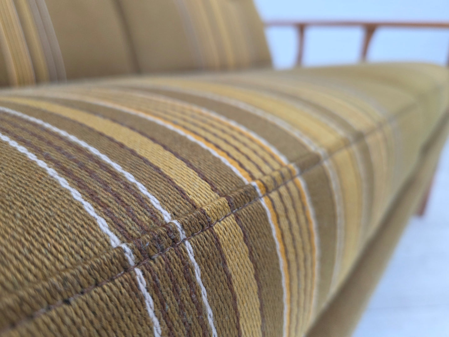 1970s, Danish 3-seater sofa, furniture wool, solid oak wood.