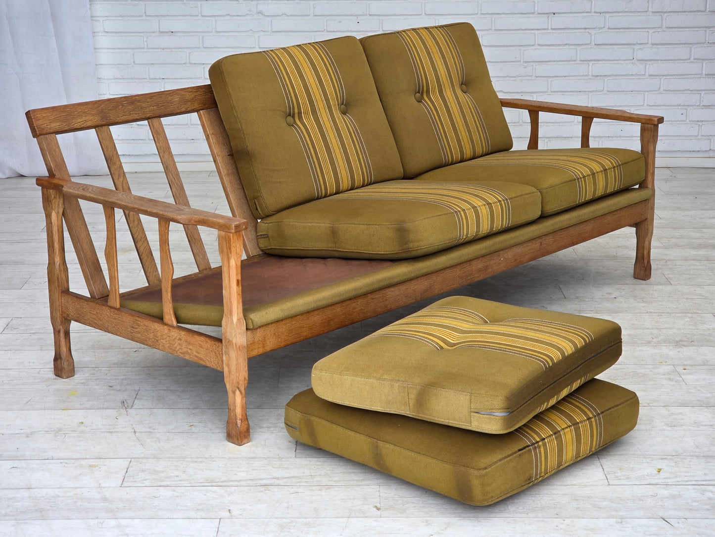 1970s, Danish 3-seater sofa, furniture wool, solid oak wood.