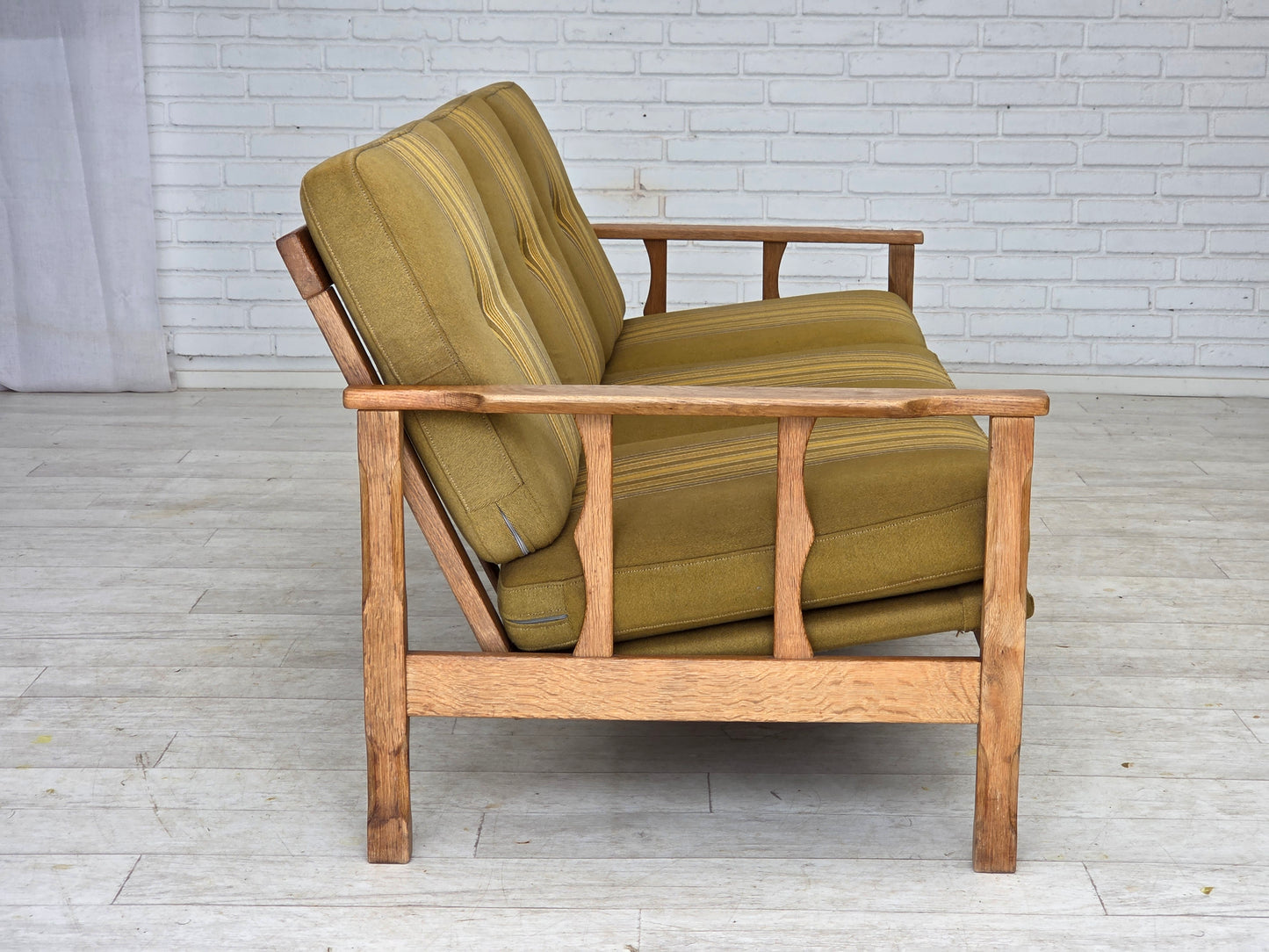 1970s, Danish 3-seater sofa, furniture wool, solid oak wood.