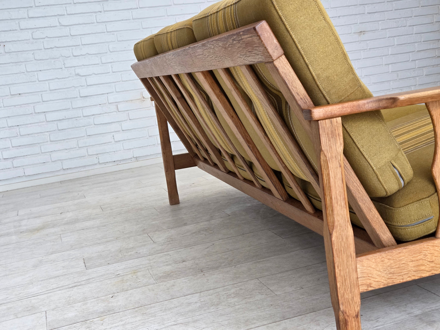 1970s, Danish 3-seater sofa, furniture wool, solid oak wood.
