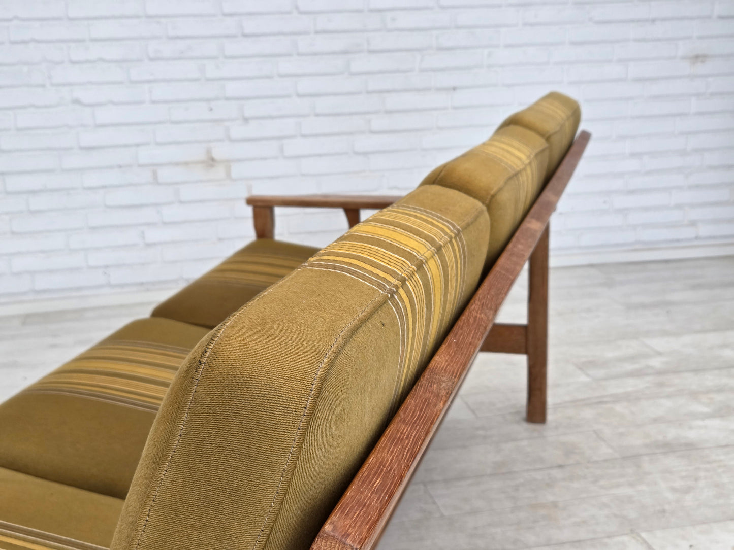 1970s, Danish 3-seater sofa, furniture wool, solid oak wood.