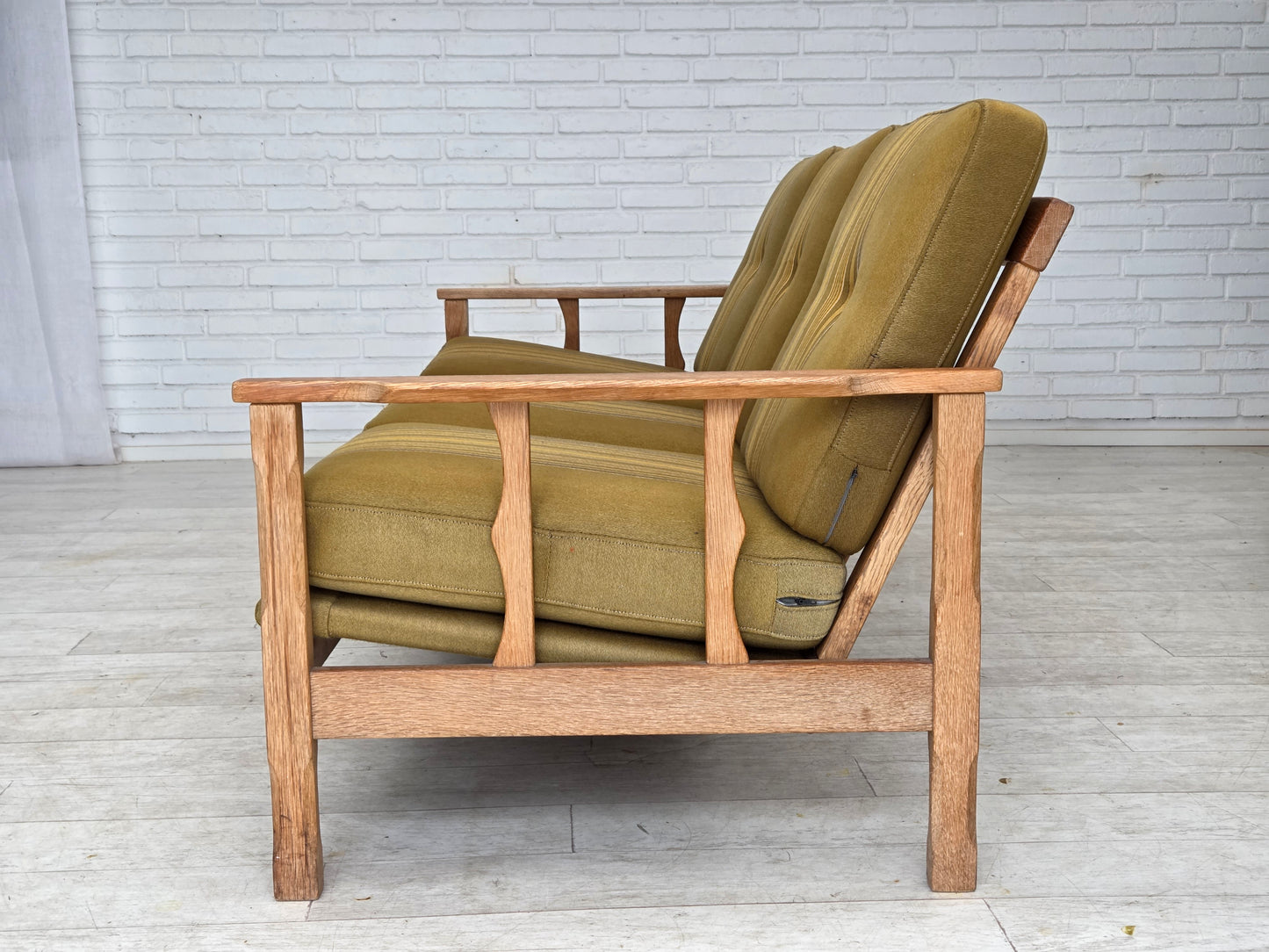 1970s, Danish 3-seater sofa, furniture wool, solid oak wood.
