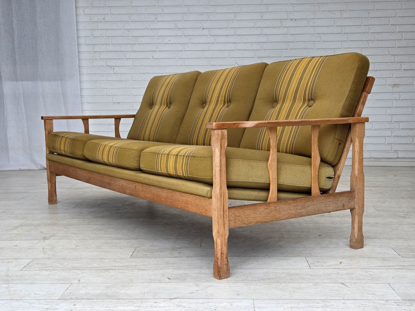 1970s, Danish 3-seater sofa, furniture wool, solid oak wood.