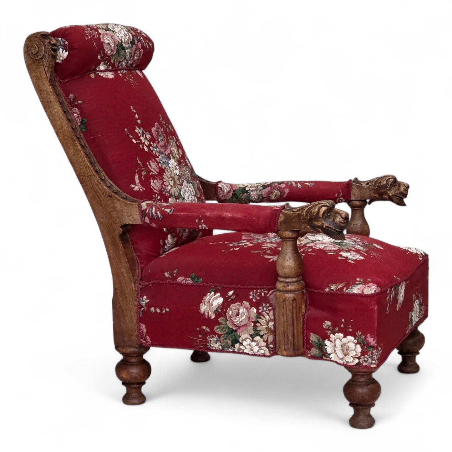 1920-30s, Danish armchair, furniture cotton fabric, hand carved oak wood.