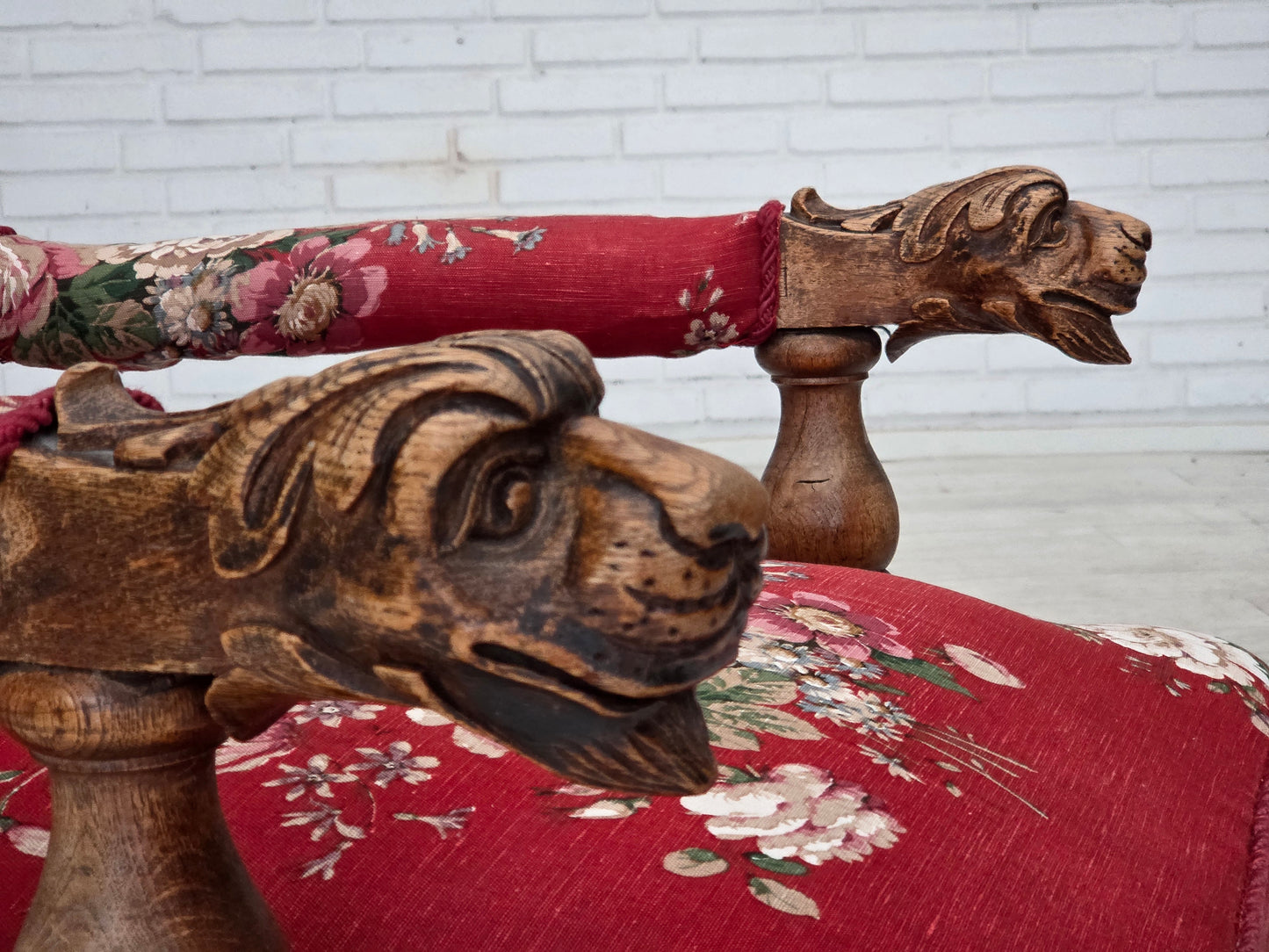 1920-30s, Danish armchair, furniture cotton fabric, hand carved oak wood.