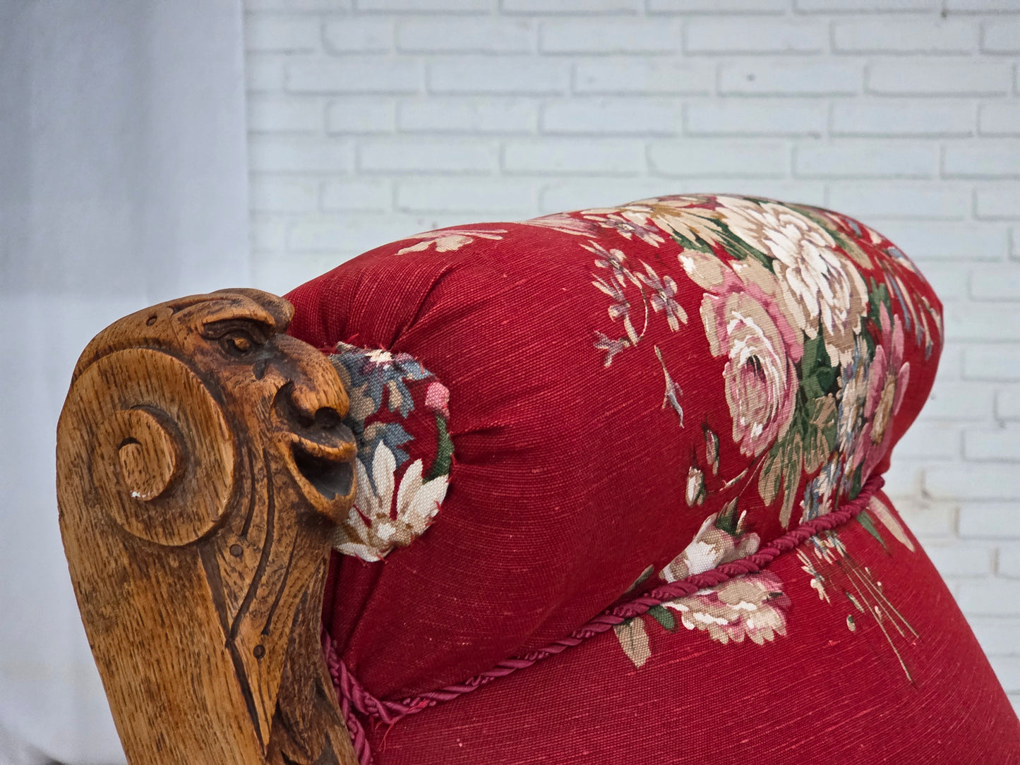 1920-30s, Danish armchair, furniture cotton fabric, hand carved oak wood.