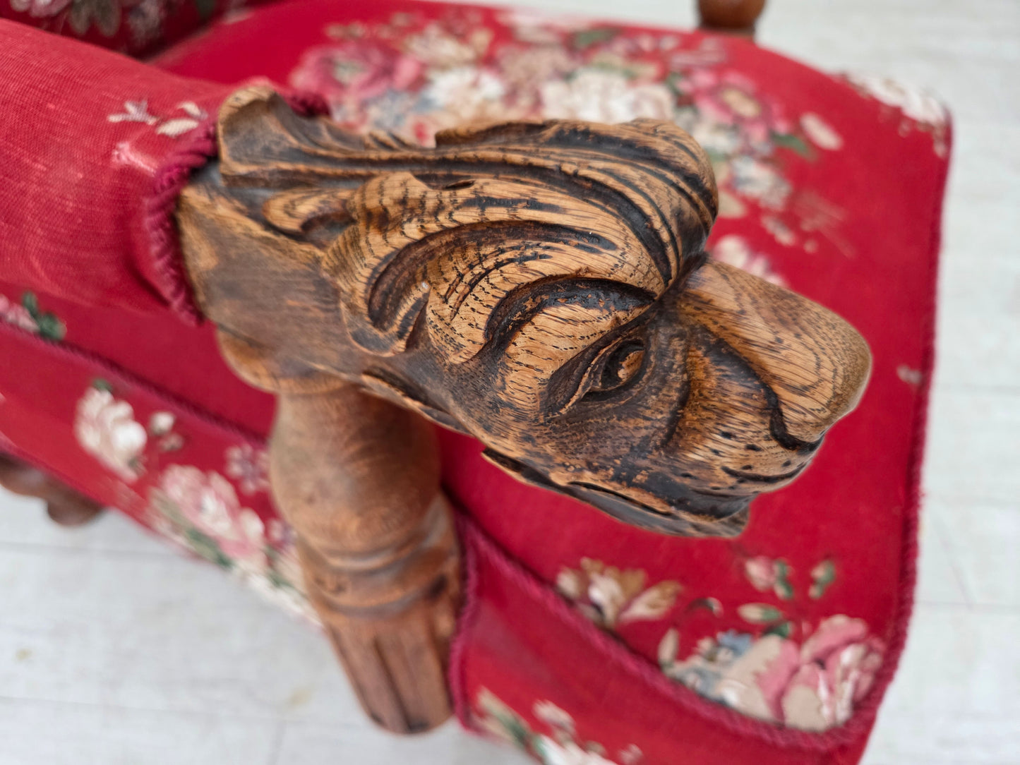 1920-30s, Danish armchair, furniture cotton fabric, hand carved oak wood.