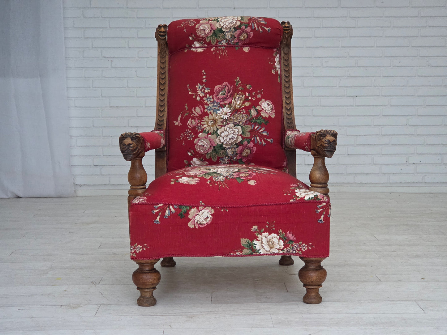 1920-30s, Danish armchair, furniture cotton fabric, hand carved oak wood.