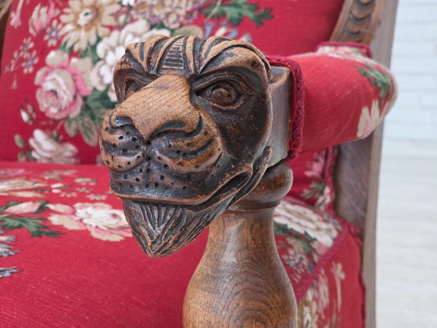 1920-30s, Danish armchair, furniture cotton fabric, hand carved oak wood.