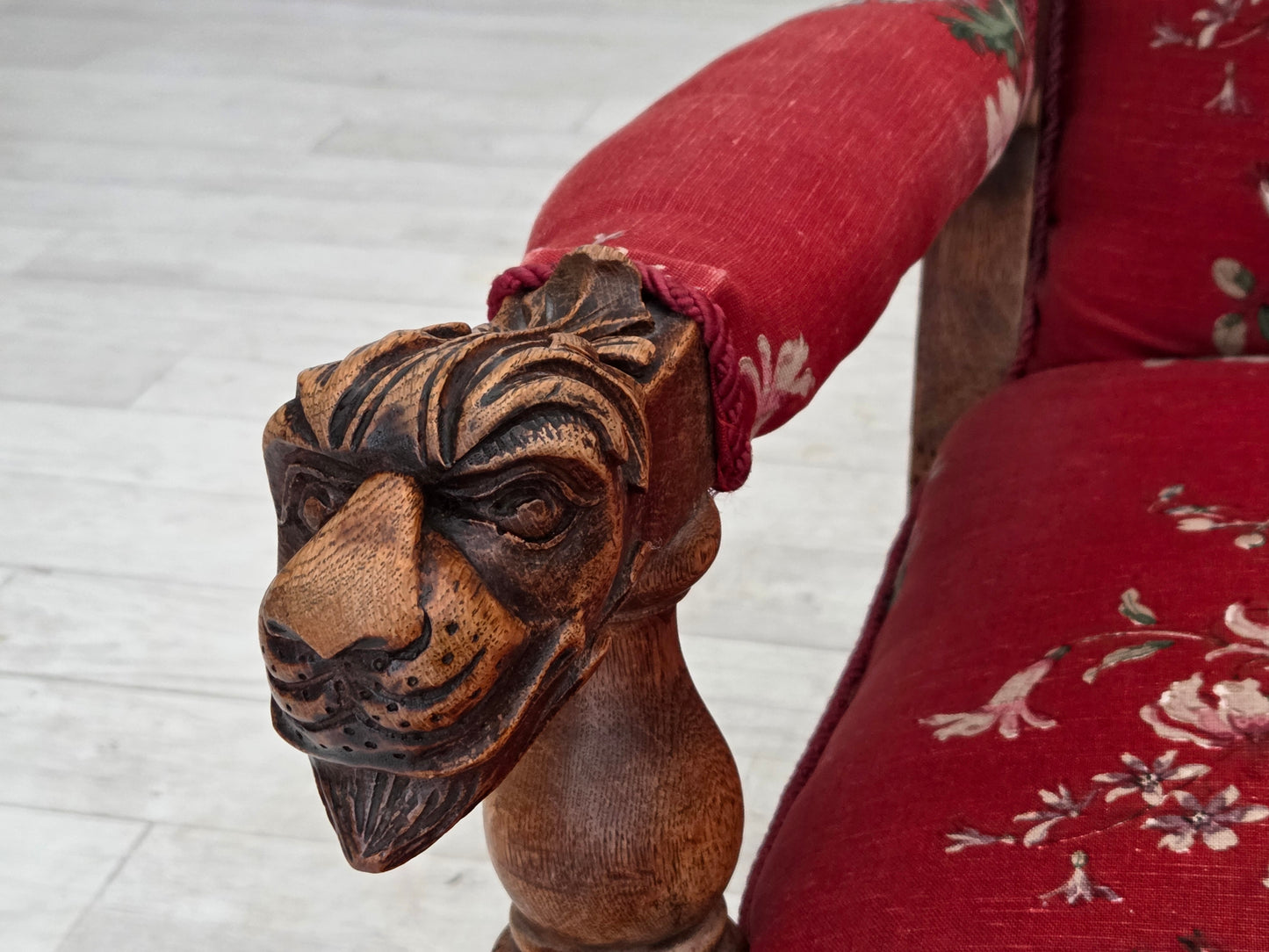 1920-30s, Danish armchair, furniture cotton fabric, hand carved oak wood.