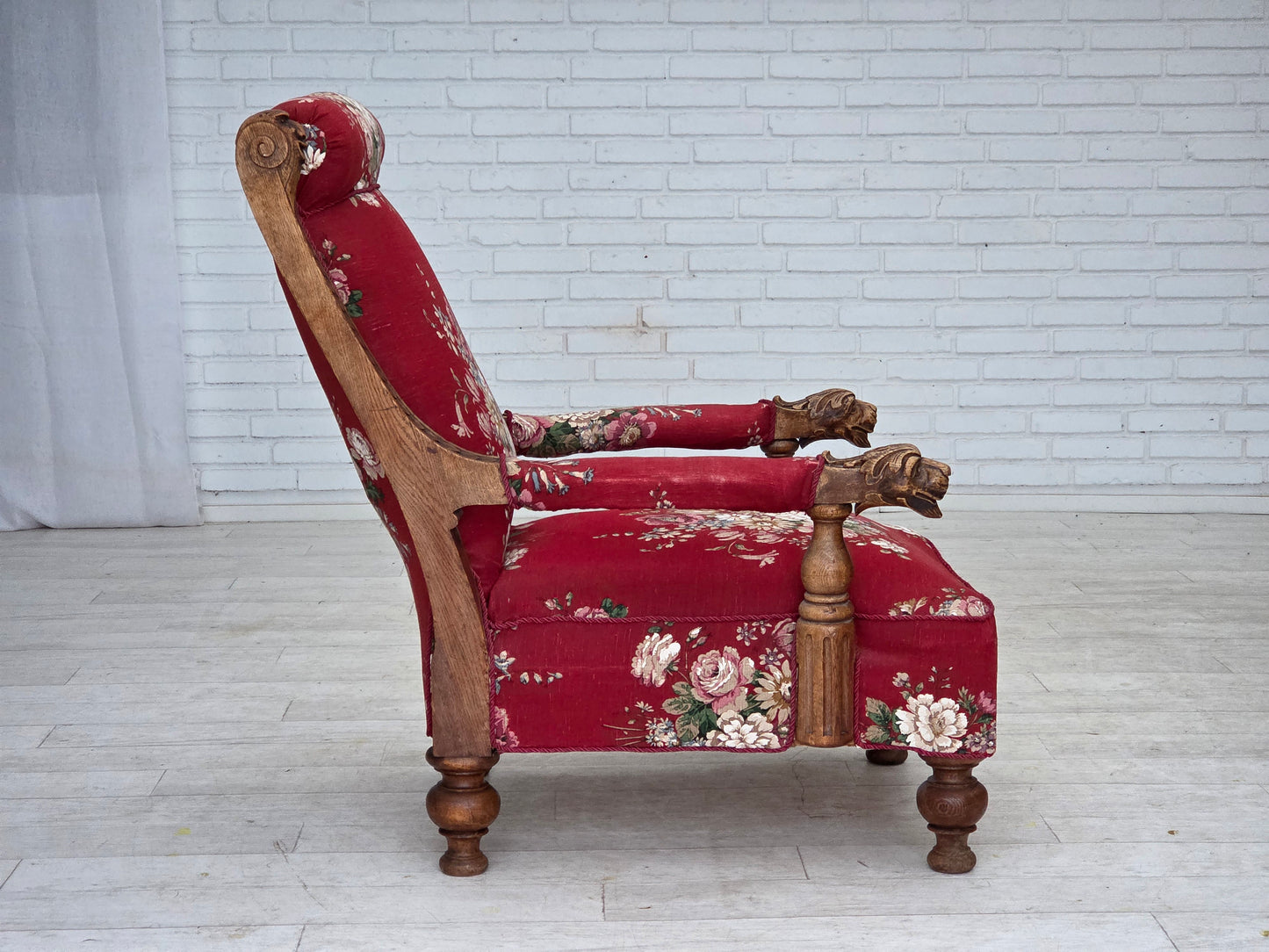 1920-30s, Danish armchair, furniture cotton fabric, hand carved oak wood.