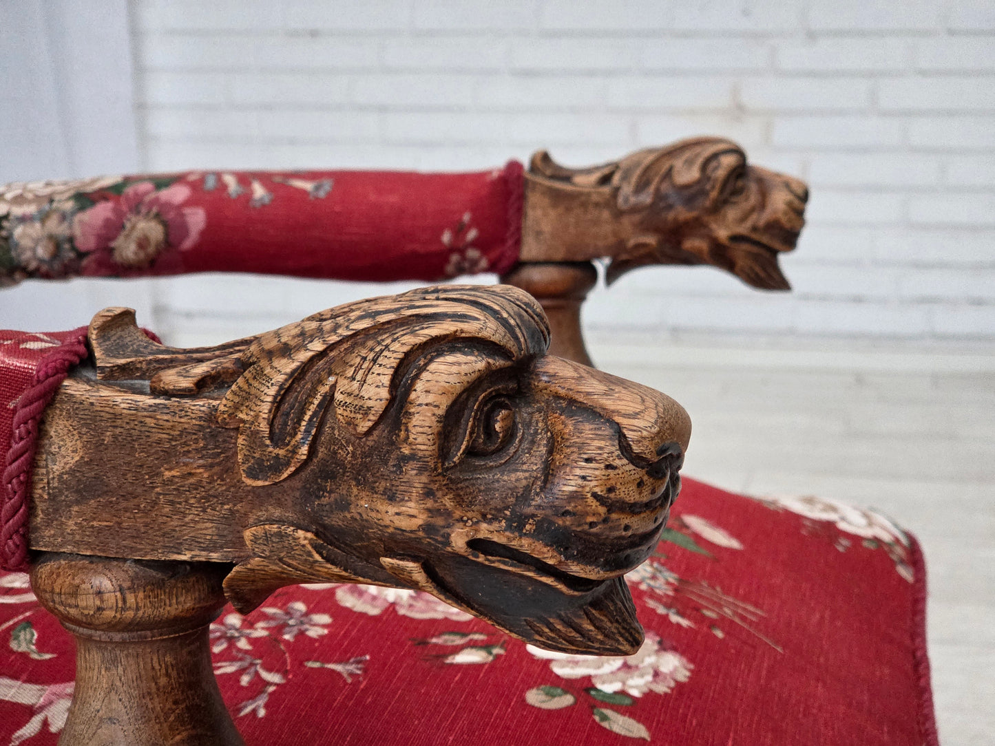 1920-30s, Danish armchair, furniture cotton fabric, hand carved oak wood.