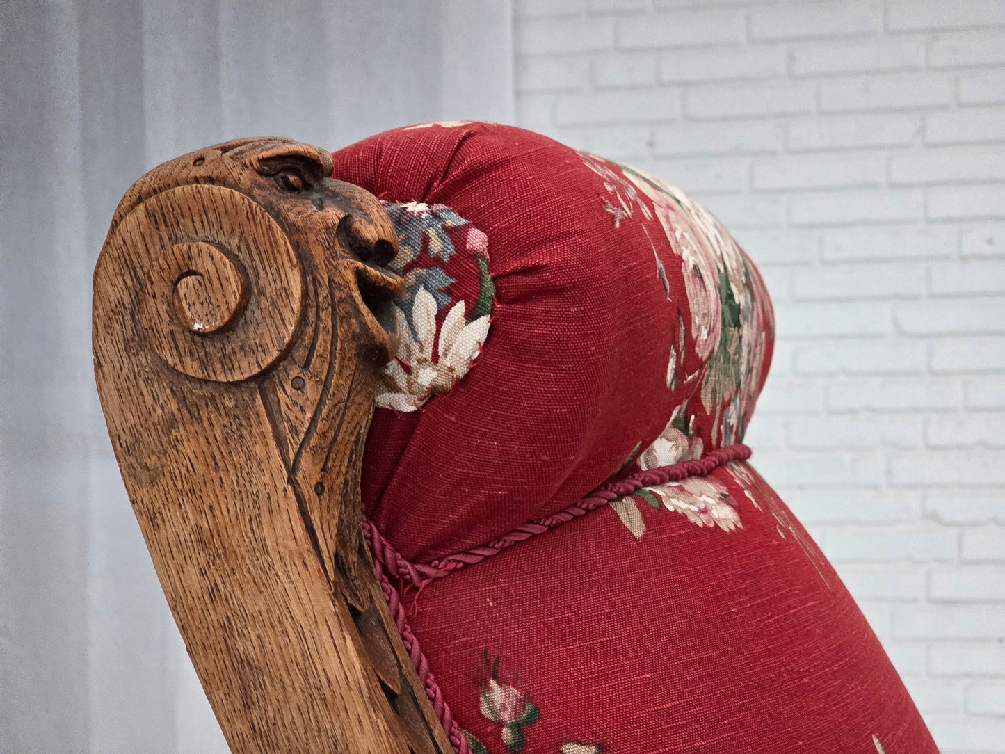 1920-30s, Danish armchair, furniture cotton fabric, hand carved oak wood.