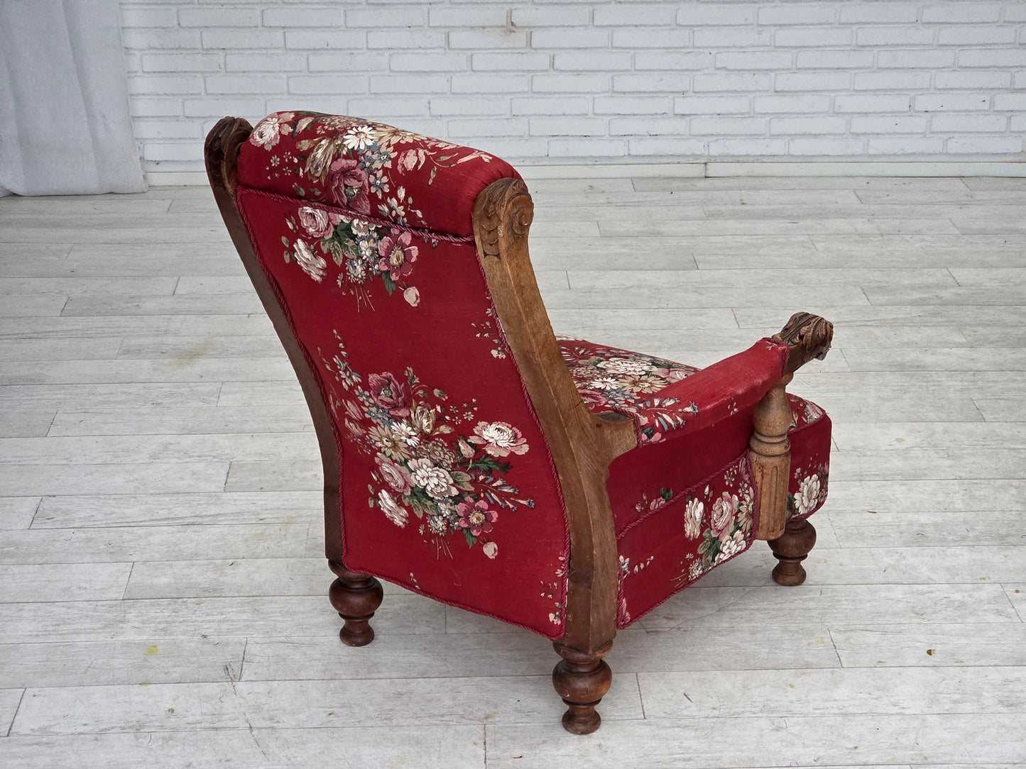1920-30s, Danish armchair, furniture cotton fabric, hand carved oak wood.