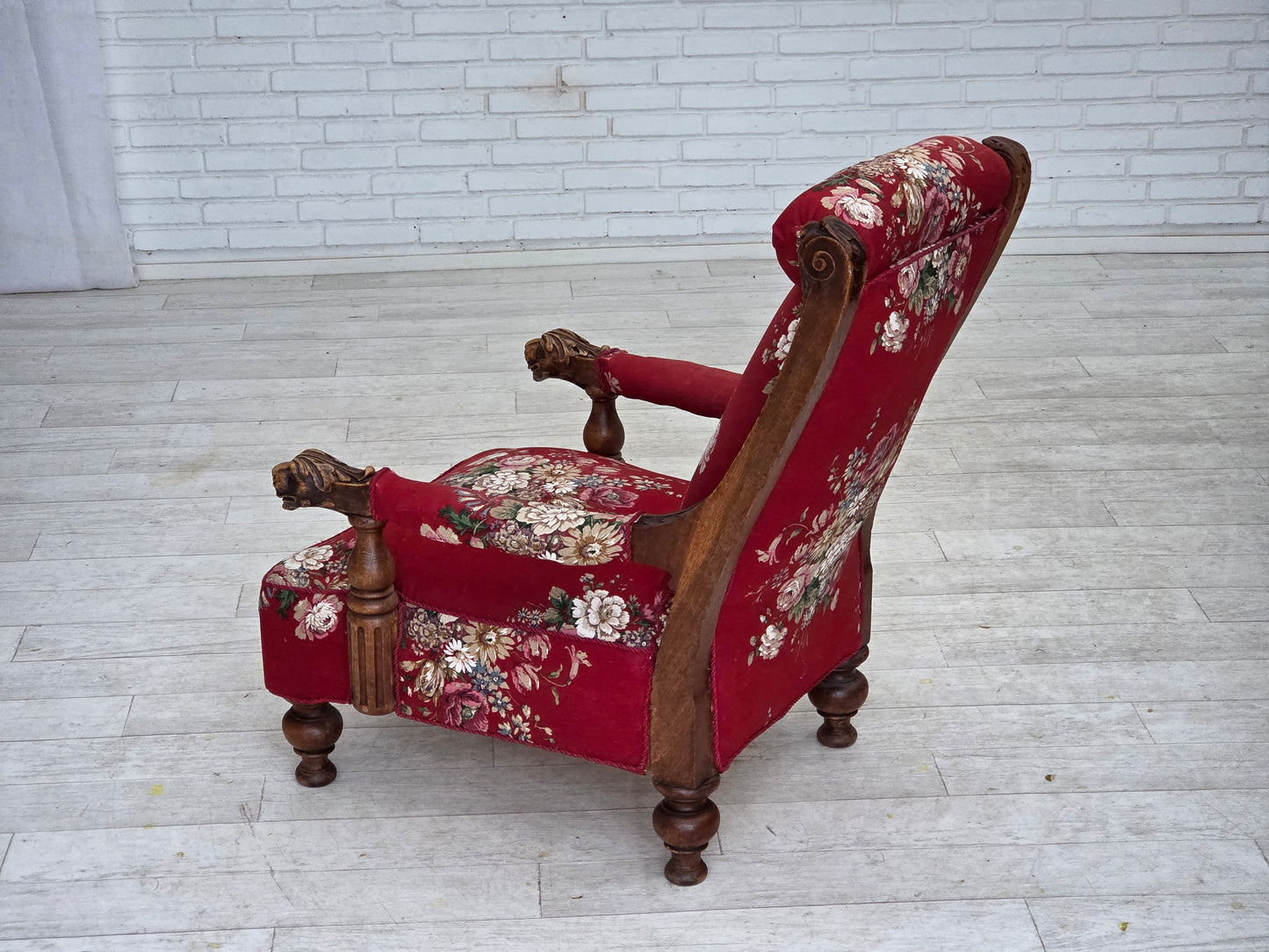 1920-30s, Danish armchair, furniture cotton fabric, hand carved oak wood.
