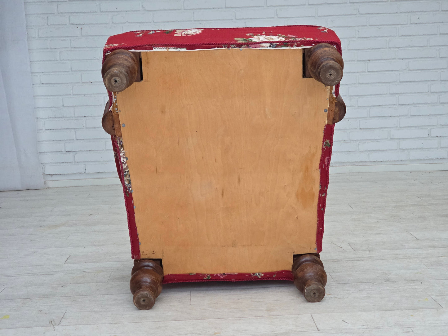 1920-30s, Danish armchair, furniture cotton fabric, hand carved oak wood.