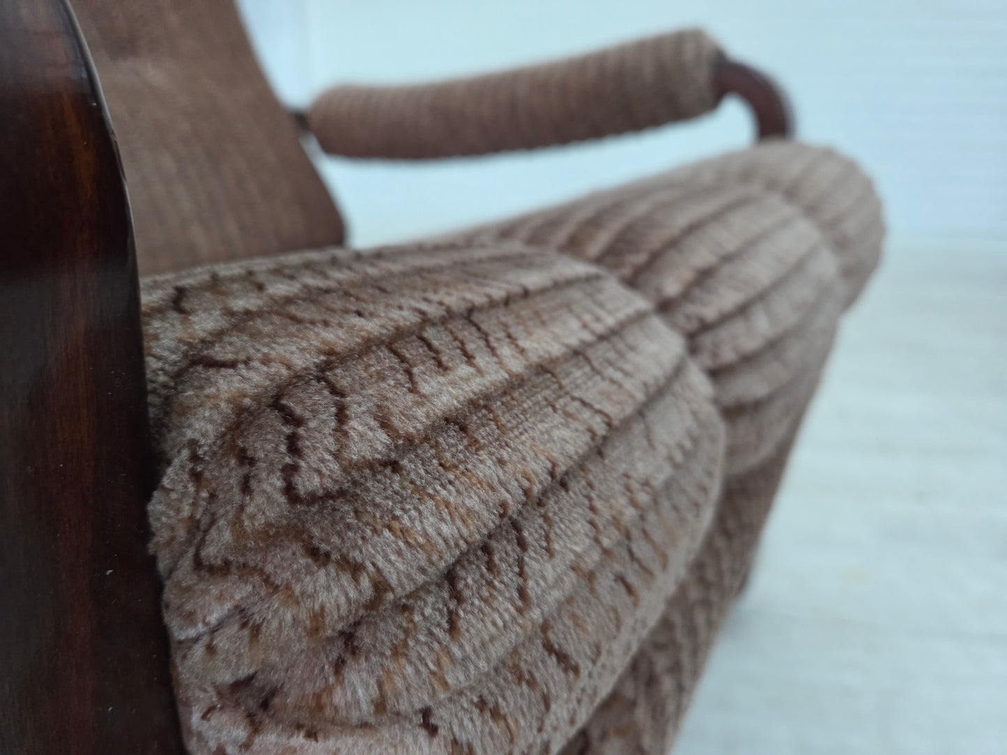 1970s, Danish armchair, light brown furniture corduroy, dark beech wood.
