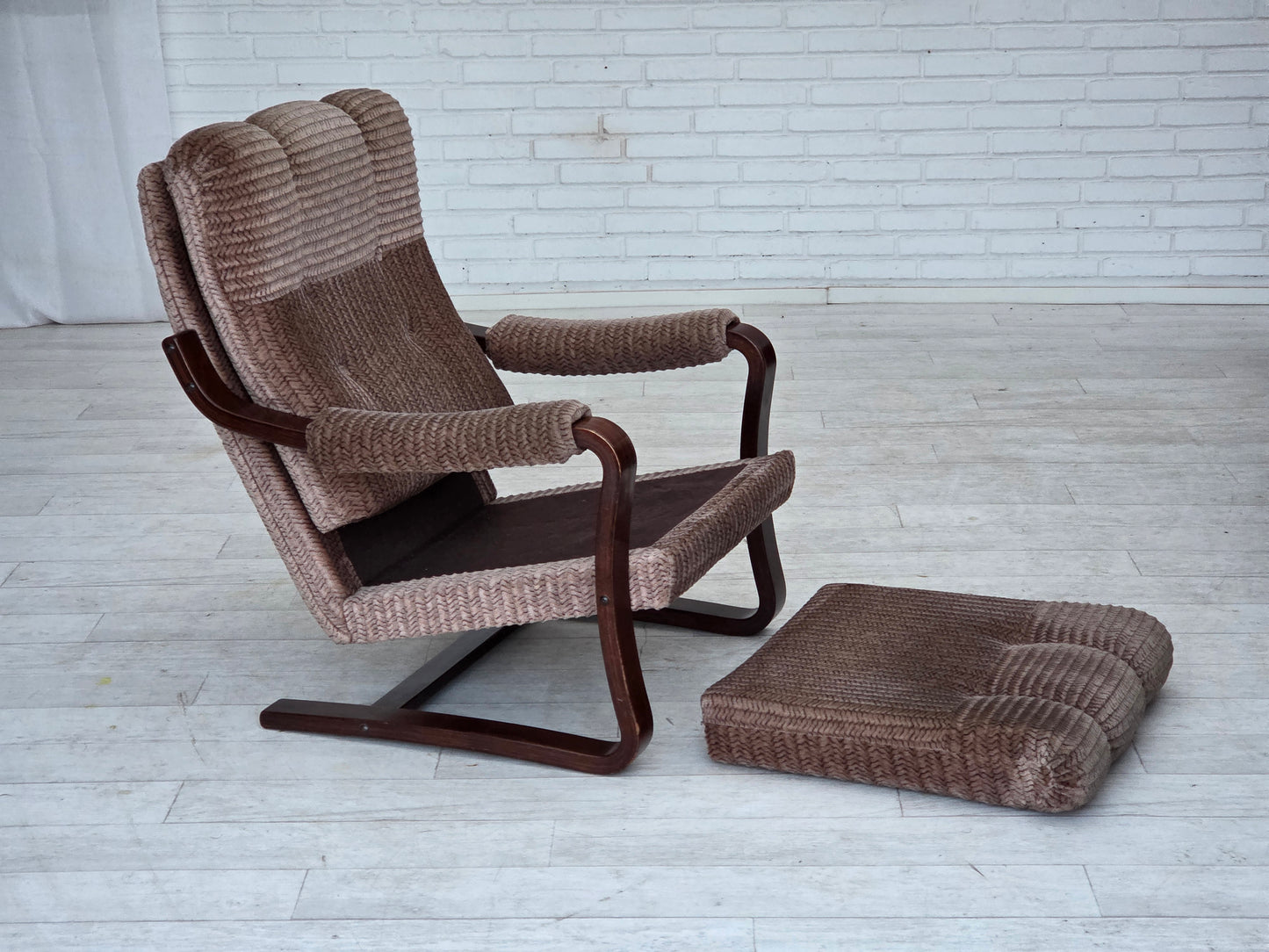 1970s, Danish armchair, light brown furniture corduroy, dark beech wood.