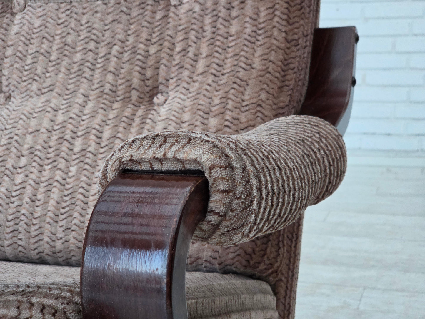 1970s, Danish armchair, light brown furniture corduroy, dark beech wood.
