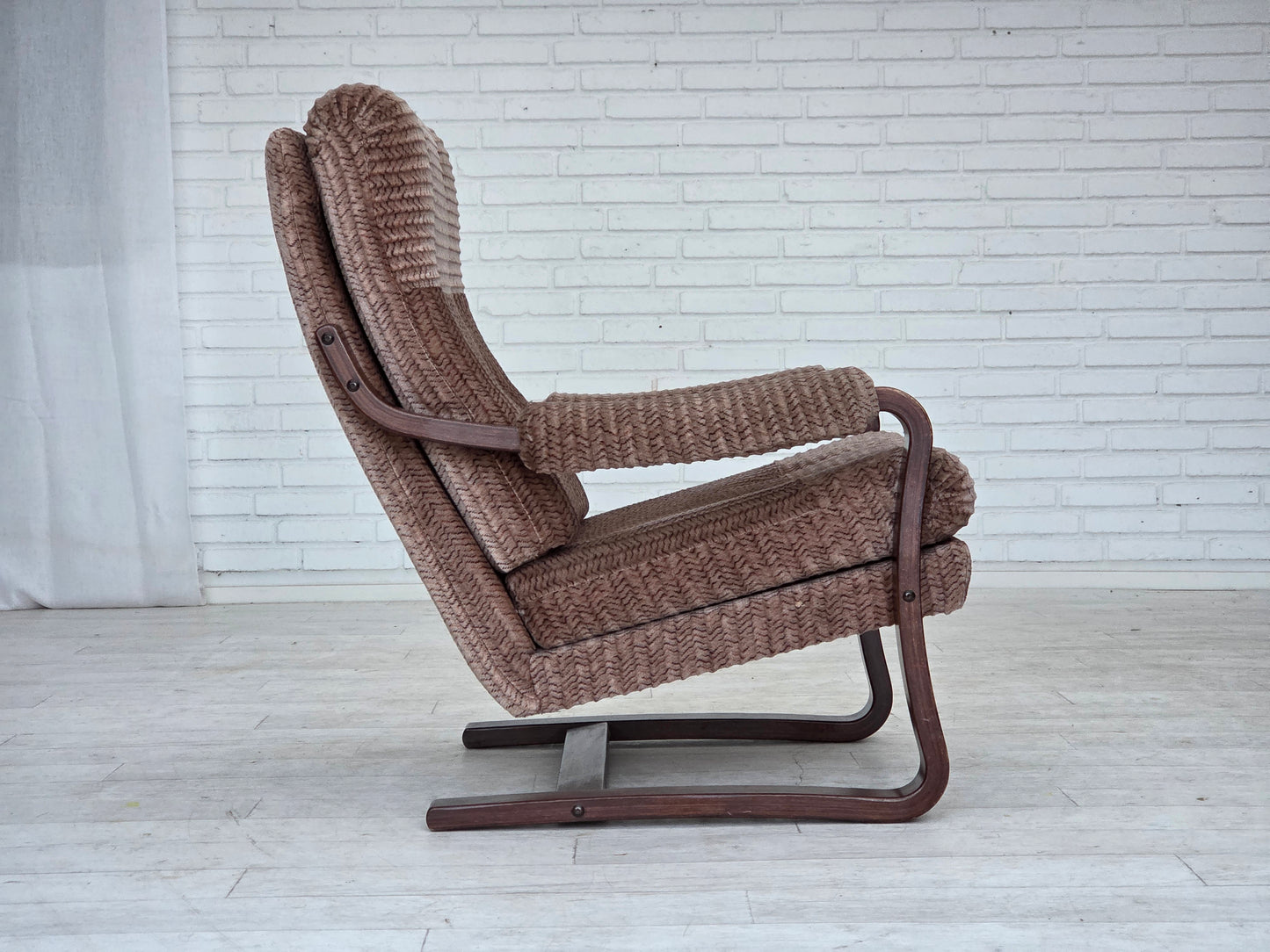 1970s, Danish armchair, light brown furniture corduroy, dark beech wood.