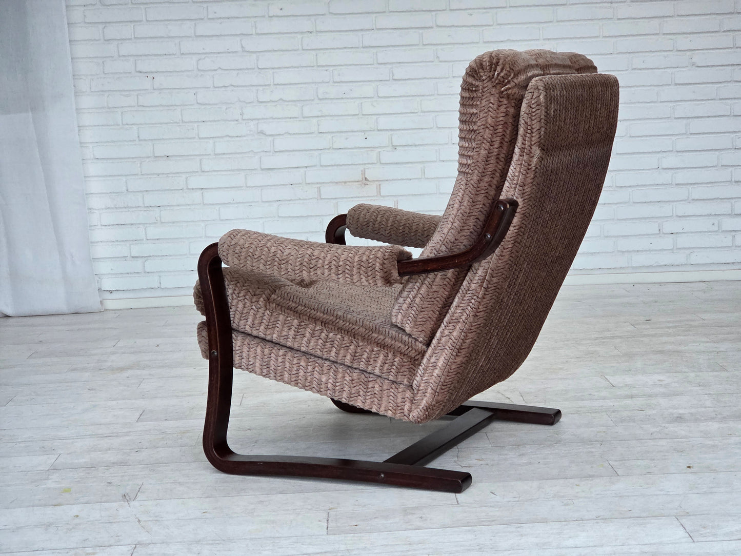 1970s, Danish armchair, light brown furniture corduroy, dark beech wood.