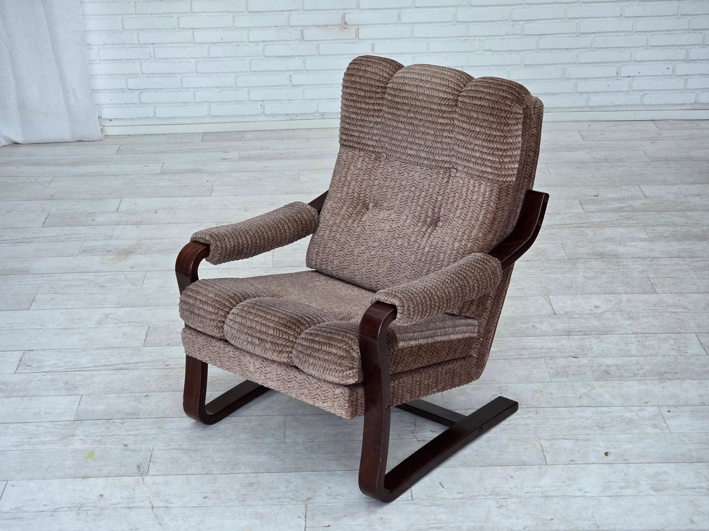 1970s, Danish armchair, light brown furniture corduroy, dark beech wood.