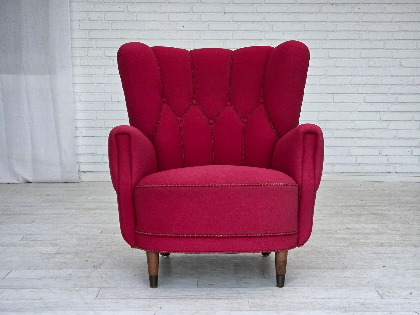1960s, Danish armchair, furniture wool, beech wood legs.