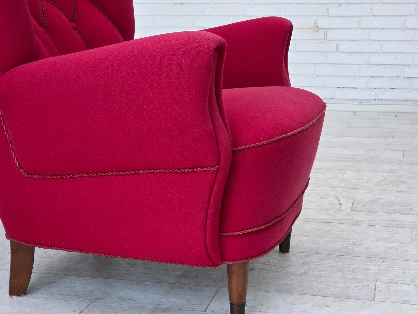 1960s, Danish armchair, furniture wool, beech wood legs.