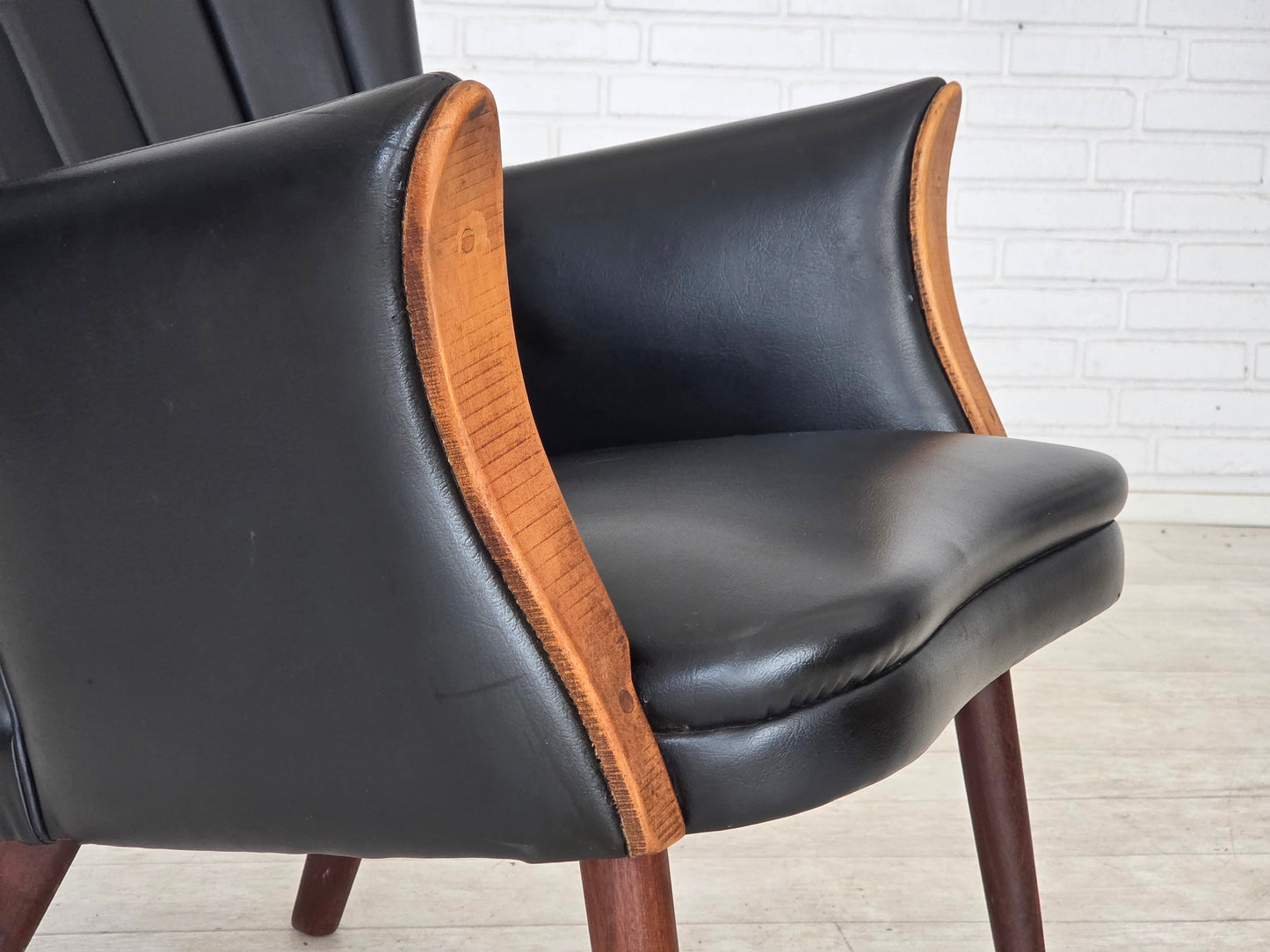 1970s, Danish design by Svend Skipper, armchair, model "Teddy", artificial leather, teak wood.