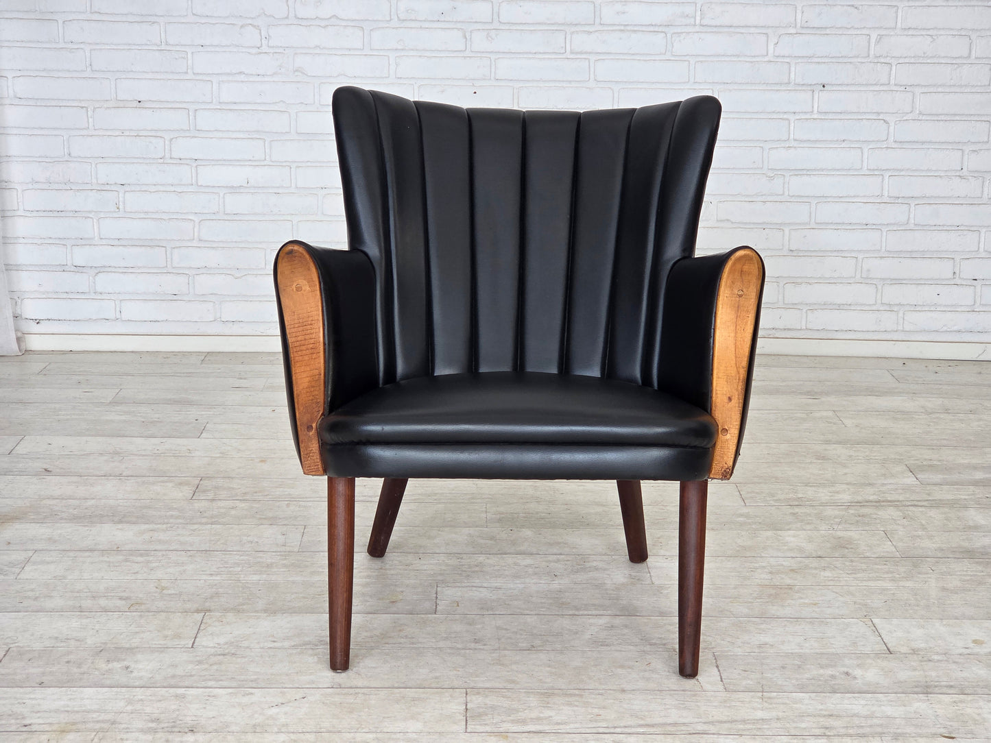 1970s, Danish design by Svend Skipper, armchair, model "Teddy", artificial leather, teak wood.