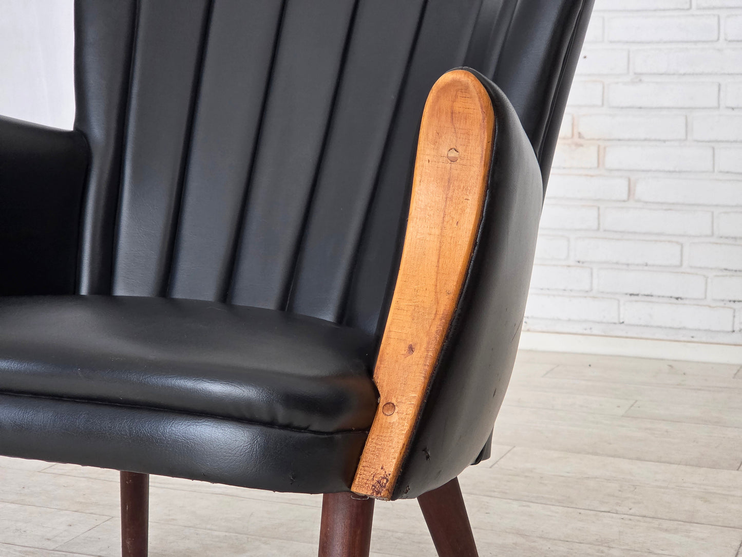 1970s, Danish design by Svend Skipper, armchair, model "Teddy", artificial leather, teak wood.