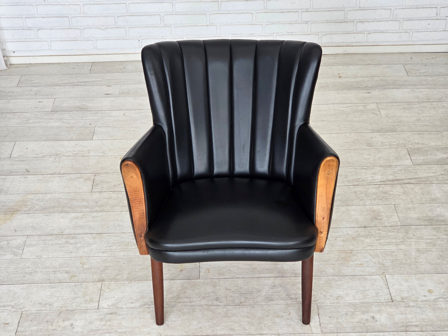 1970s, Danish design by Svend Skipper, armchair, model "Teddy", artificial leather, teak wood.